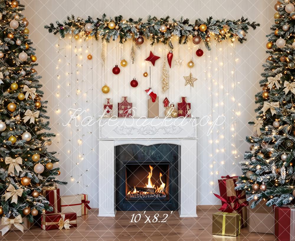 Kate Christmas Fireplace Garland Christmas Trees String Lights Printed Backdrop Designed by Fantasyphotoart