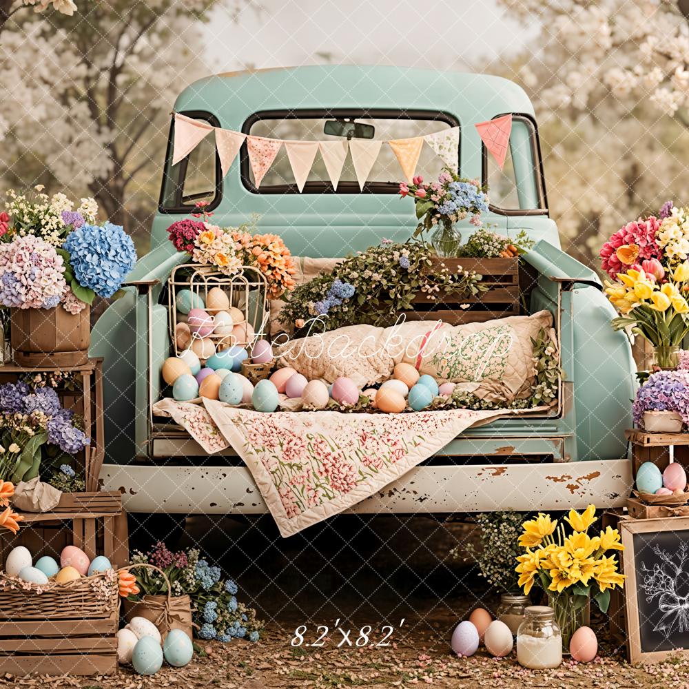 Kate Easter Spring Truck Pastel Eggs Flowers Printed Backdrop Designed by Emetselch