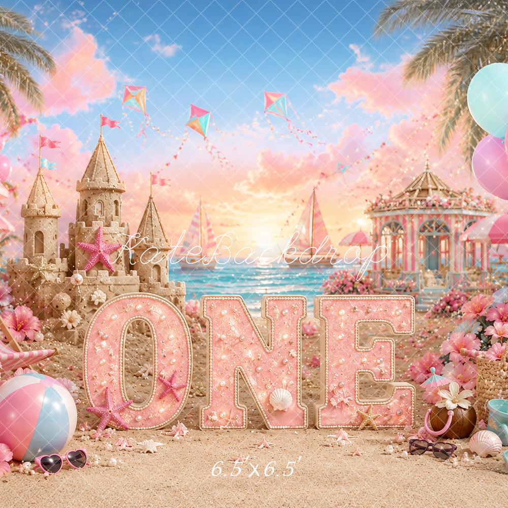 Kate Cake Smash Beach Pink Sandcastle Carousel Printed Backdrop Designed by Ashley Paul