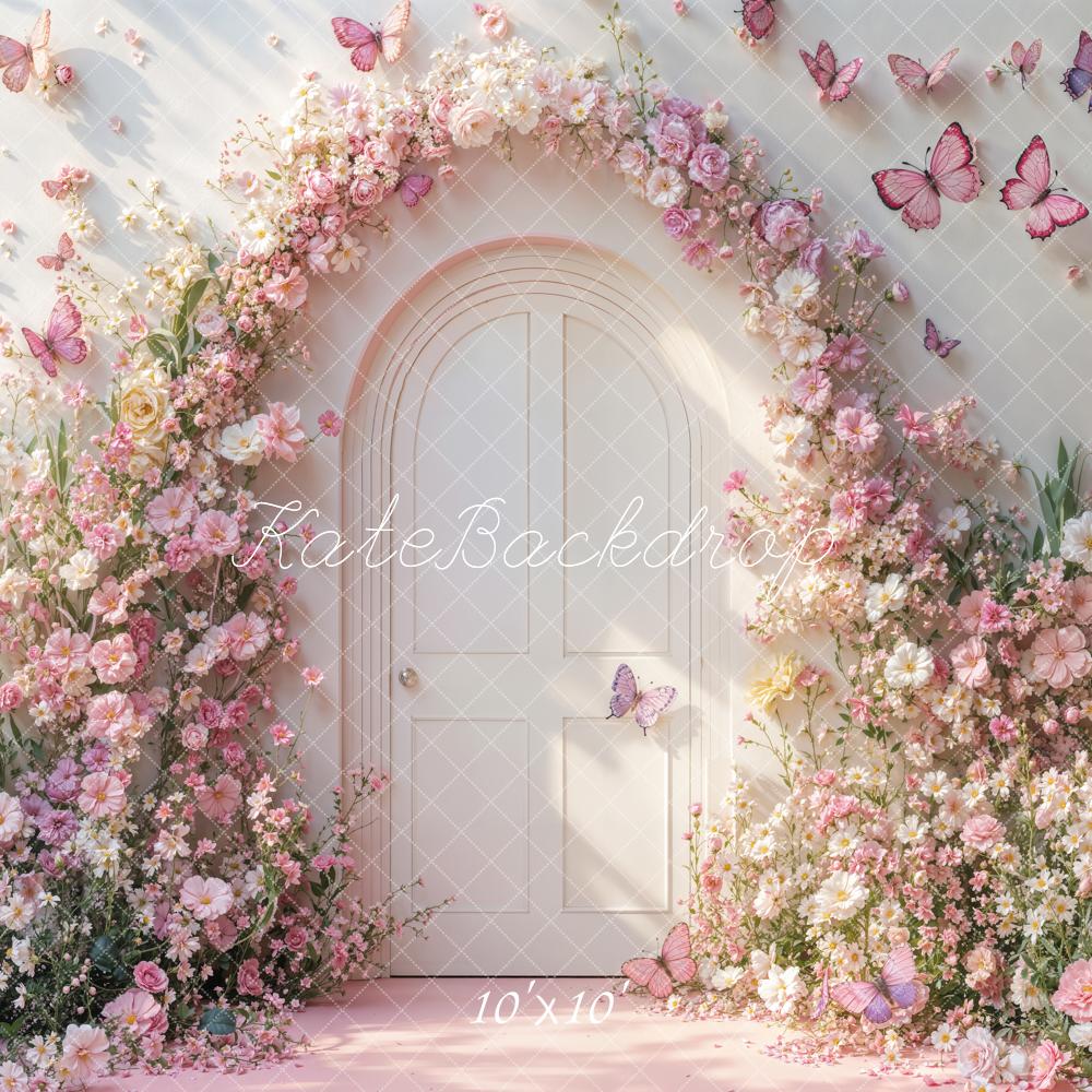 Kate Spring Flower Arch Pink Butterflies White Door Printed Backdrop Designed by Emetselch