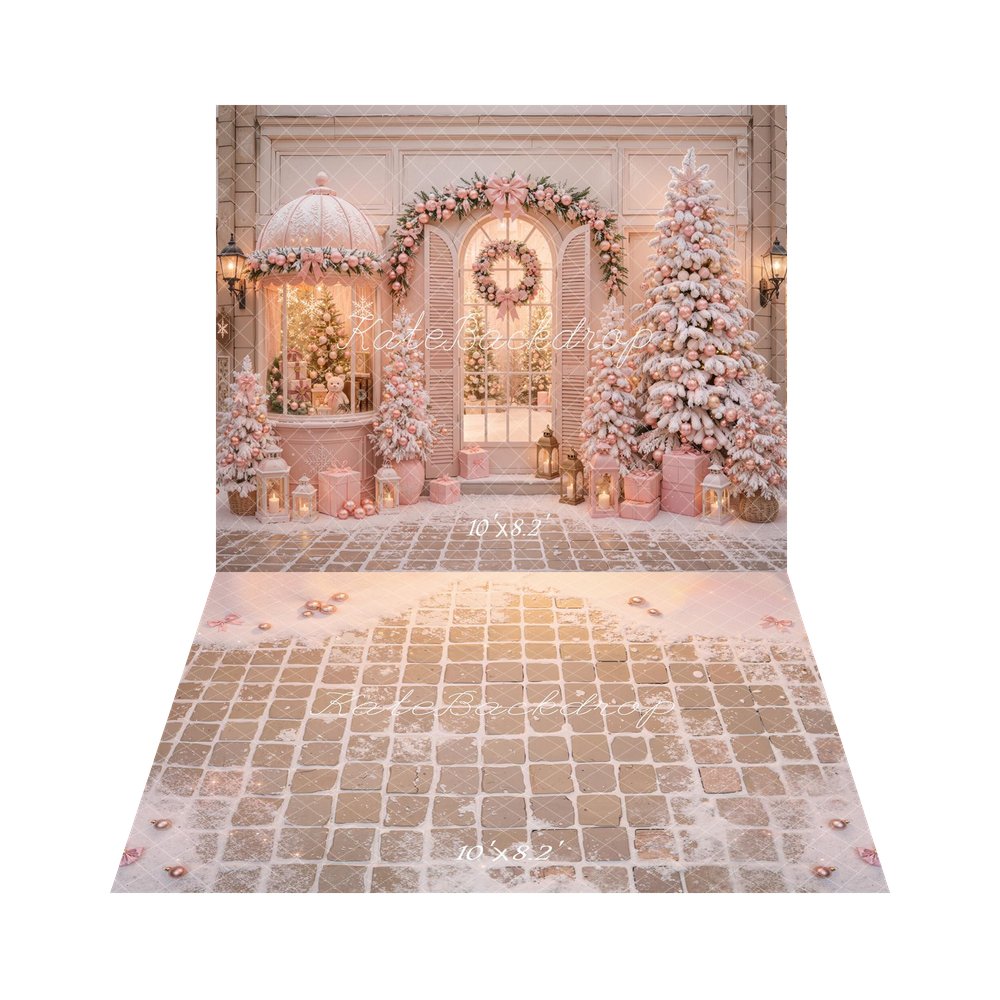 Kate Christmas Shop Pink Snowy Trees Garland Wreath Gift Boxes Printed Backdrop+Snowy Pink Tile Floor Printed Backdrop