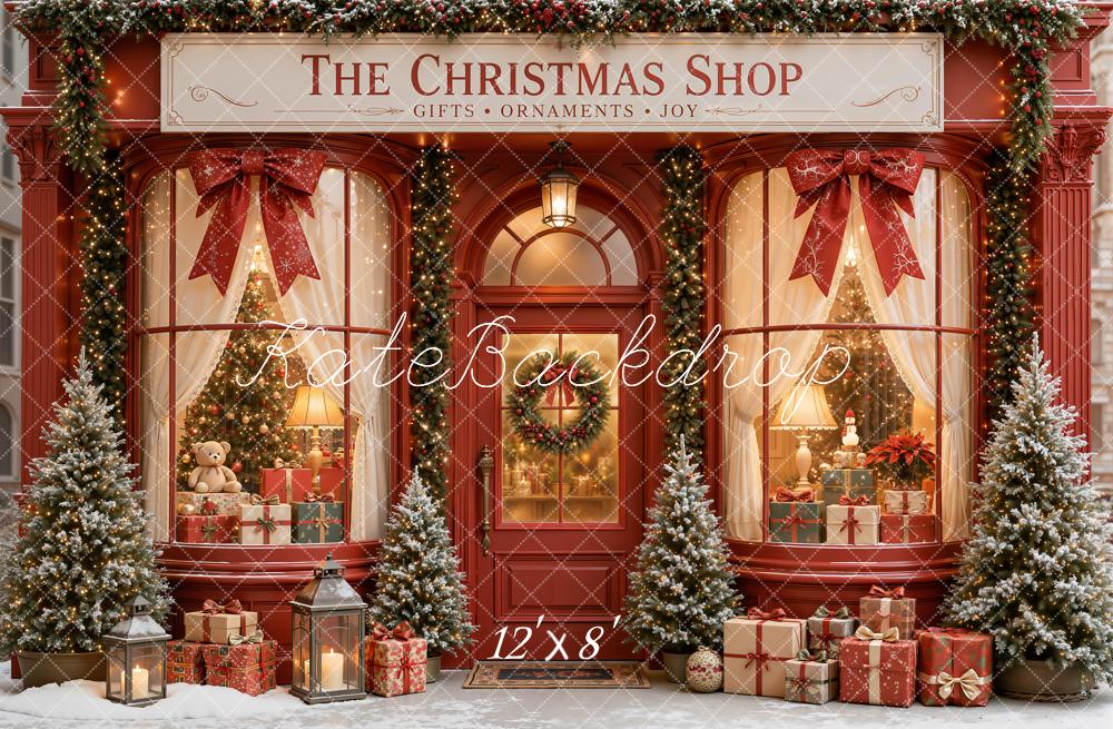 Kate Christmas Storefront Red Gift Boxes Christmas Trees Printed Backdrop Designed by Emetselch