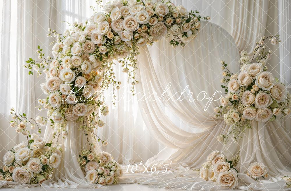 Kate Summer Flower Arch Cream Roses Draped Fabric Printed Backdrop Designed by Emetselch