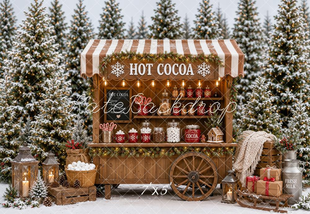 Kate Christmas Hot Cocoa Cart Snowy Forest Gifts Printed Backdrop Designed by Emetselch