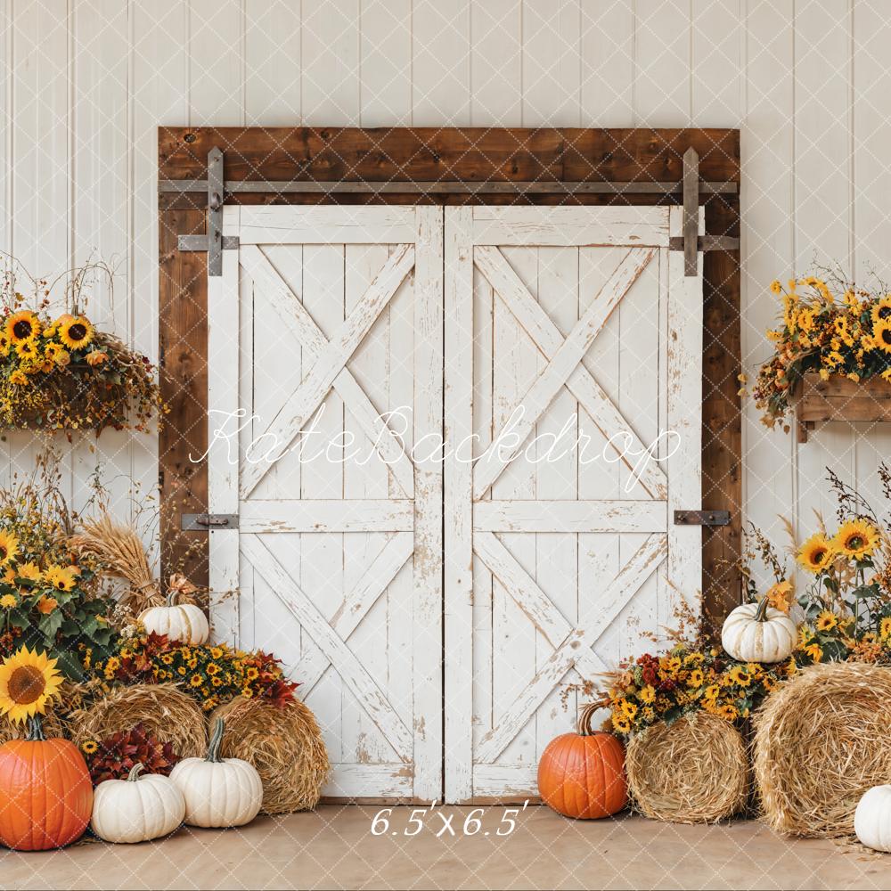 Kate Fall Barn Door Sunflower Harvest Pumpkins Backdrop Designed by Emetselch
