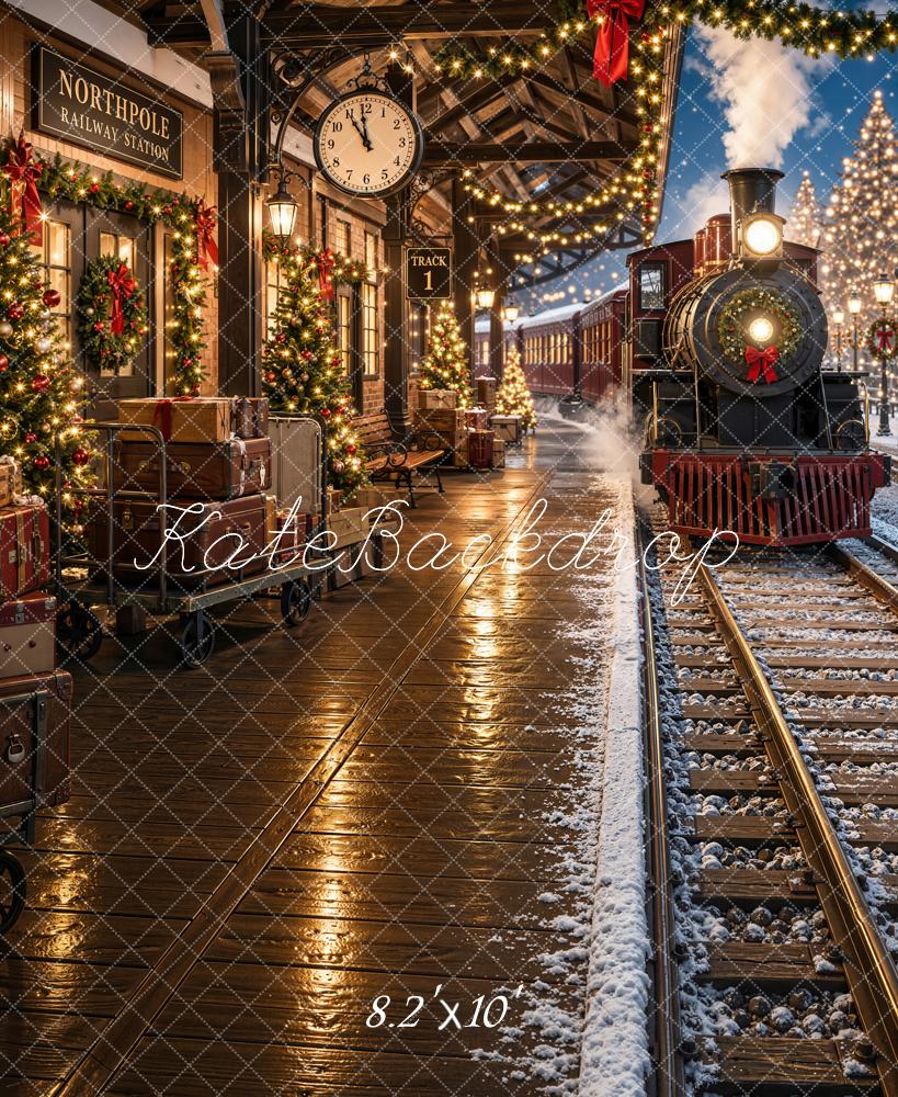 Kate Christmas Polar Train Railway Station Night Snowy Printed Backdrop Designed by Emetselch