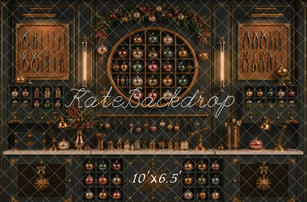 Kate Christmas Dark Cabinet Ornaments Workshop Printed Backdrop Designed by Vertigo Productions