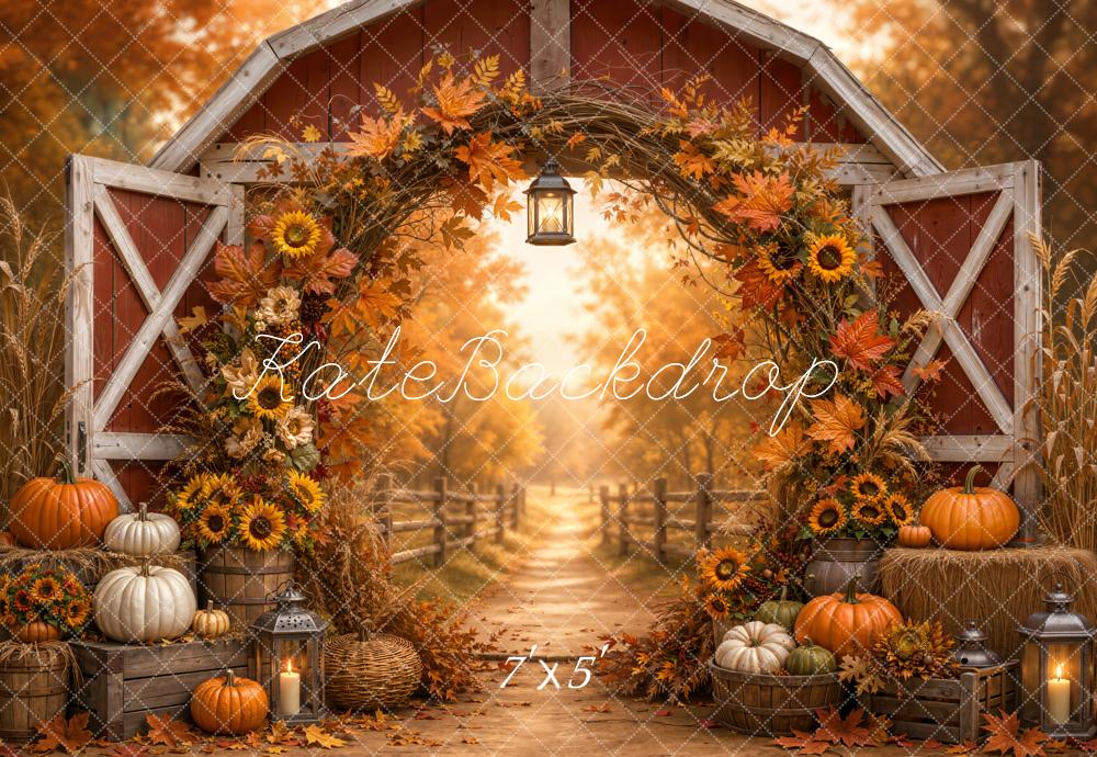 Kate Fall Barn Circle Floral Arch Pumpkin Pathway Printed Backdrop Designed by Emetselch