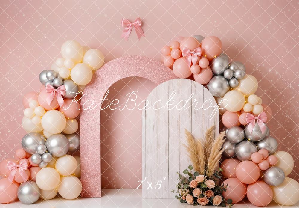 Kate Birthday Pink Balloon Arch Pampas Flowers Printed Backdrop Designed by Patty Roberts