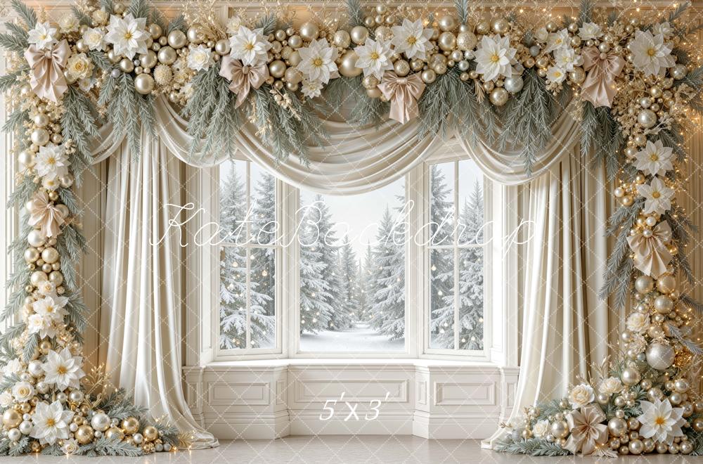 Kate Christmas Gold Floral Garland Drapes Window Snowy Printed Backdrop Designed by Mini MakeBelieve