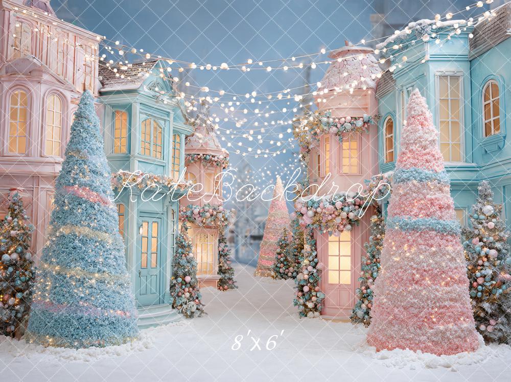 Kate Christmas Pastel Village Snowy Trees Fairy Lights Backdrop Designed by Ashley Paul