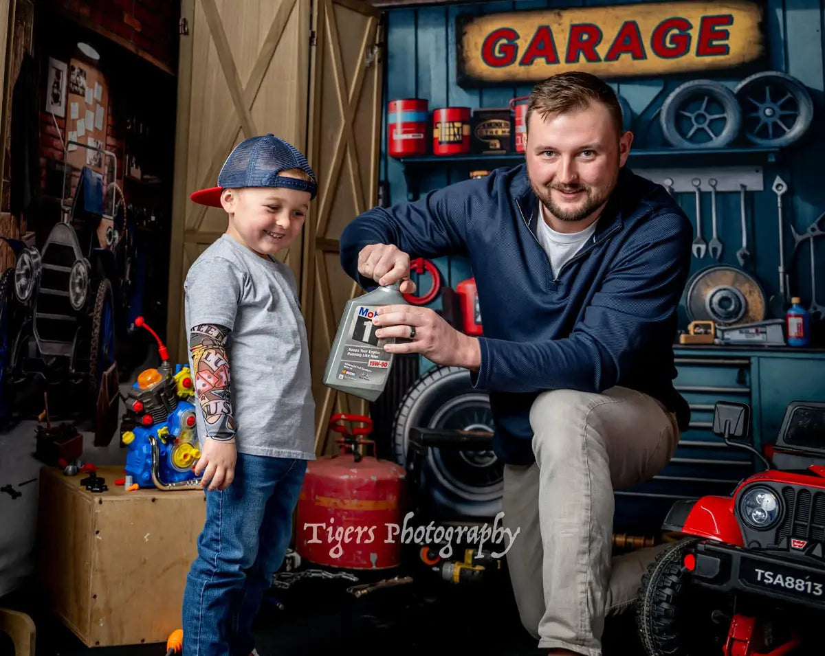 Kate Modern Tool Holder and Tires Red Tanker Garage Printed Backdrop Designed by Emetselch