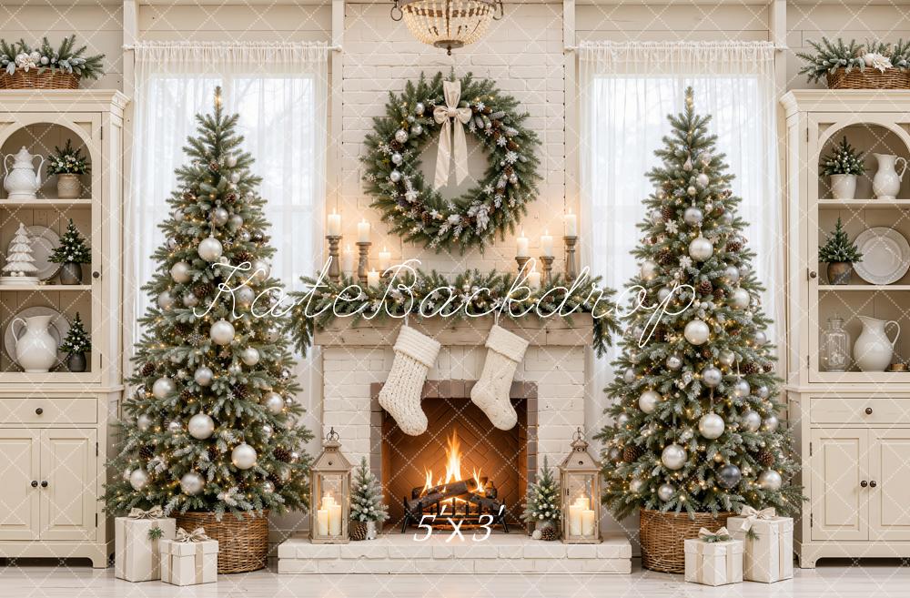 Kate Christmas Fireplace Christmas Trees Wreath White Cabinets Printed Backdrop Designed by Emetselch