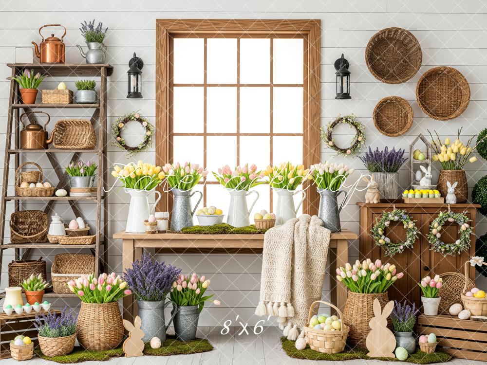 Kate Easter Bunny Flowers Tulips Baskets Pastel Eggs Printed Backdrop Designed by Patty Roberts