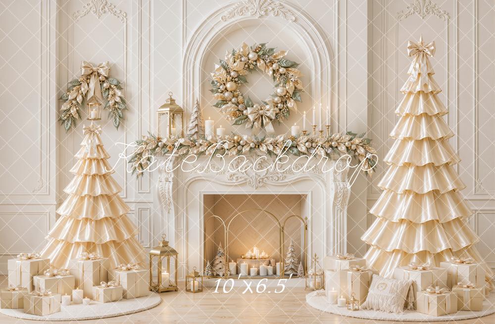 Kate Christmas White Fireplace Wreath Satin Trees Printed Backdrop Designed by Emetselch