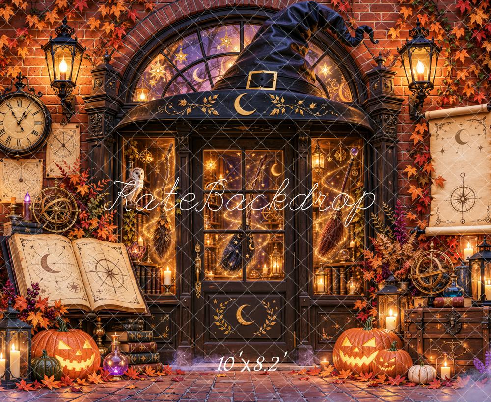 Kate Halloween Magical Apothecary Pumpkin Clock Library Printed Backdrop Designed by Emetselch