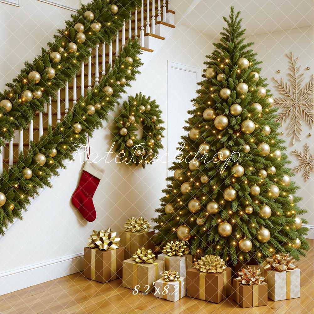 Kate Christmas Interior Staircase Gold Ornament Tree Wreath Garland Backdrop Designed by Mini MakeBelieve