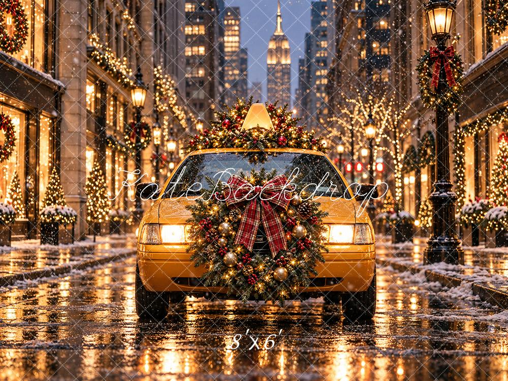 Kate Christmas Yellow Taxi Snowy City Street Printed Backdrop Designed by Angela Miller