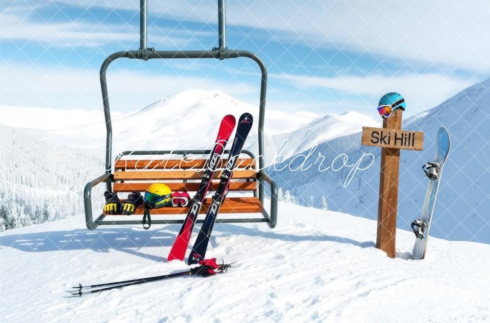 Kate Sports Ski Hill Chairlift Snow Backdrop Designed by Laura Bybee