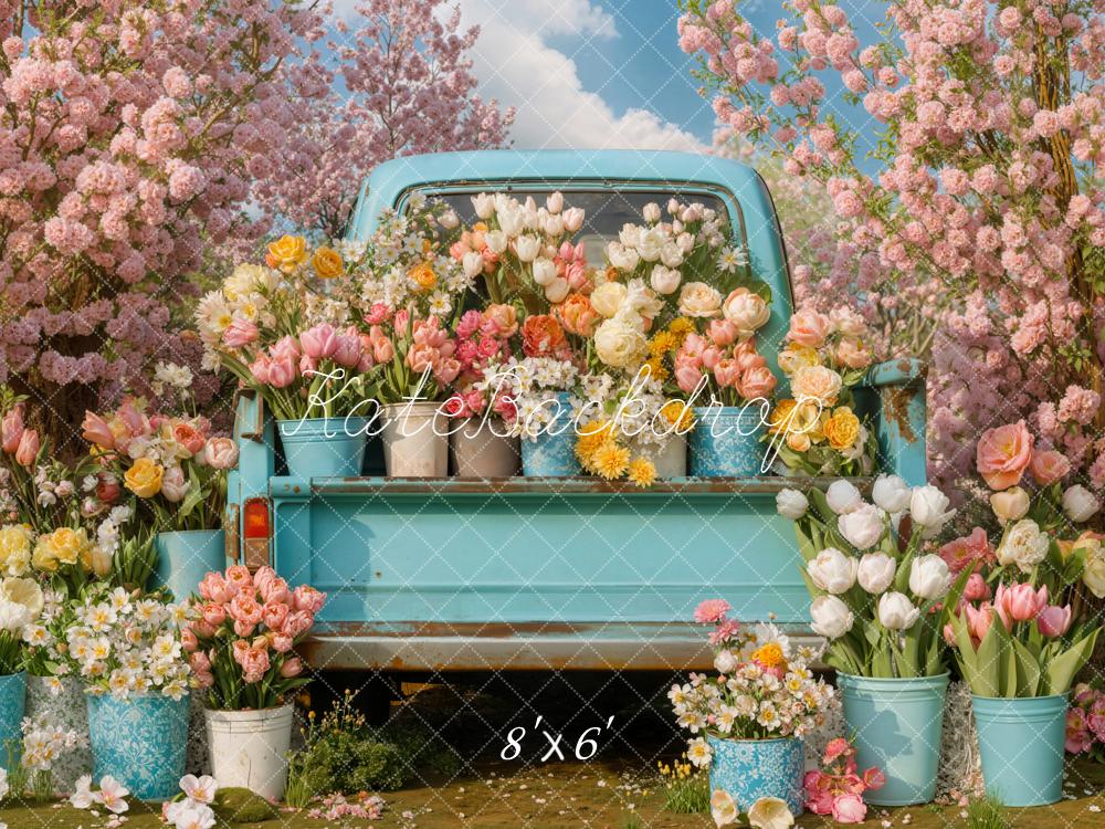 Kate Spring Blue Truck Floral Pink Blossoms Garden Backdrop Designed by Emetselch