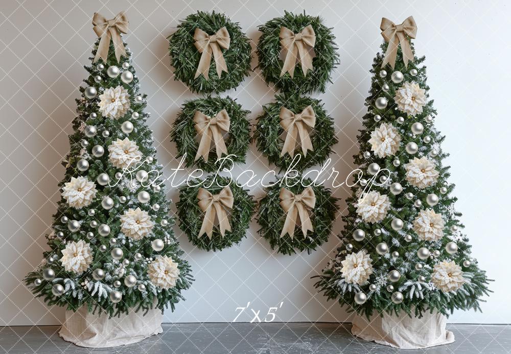Kate Christmas Trees Wreaths Bow White Backdrop Designed by Mini MakeBelieve