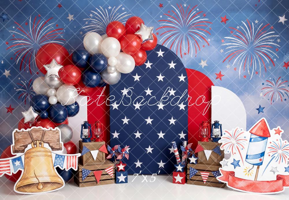 Kate Fourth Of July Fireworks Balloons Liberty Bell Rocket Stars Printed Backdrop Designed by Patty Roberts