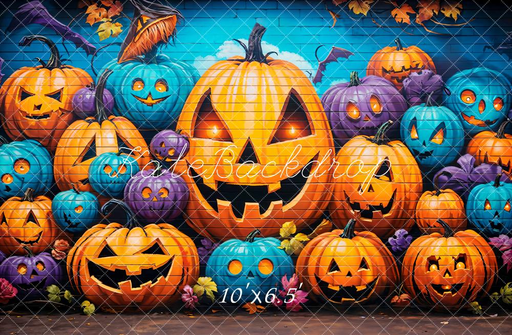 Kate Halloween Graffiti Wall Pumpkin Lanterns Printed Backdrop Designed by Emetselch