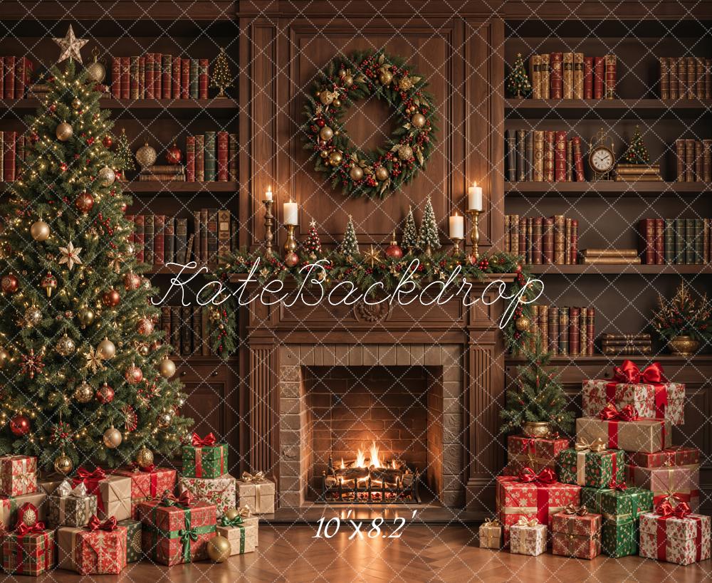 Kate Christmas Tree Fireplace Bookshelves Wreath Presents Printed Backdrop Designed by Emetselch