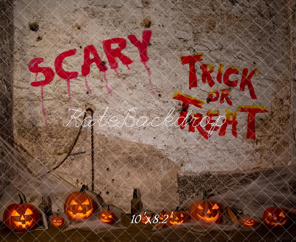 Kate Halloween Spooky Graffiti Wall Pumpkins Jack O Lantern Printed Backdrop Designed by Fantasyphotoart