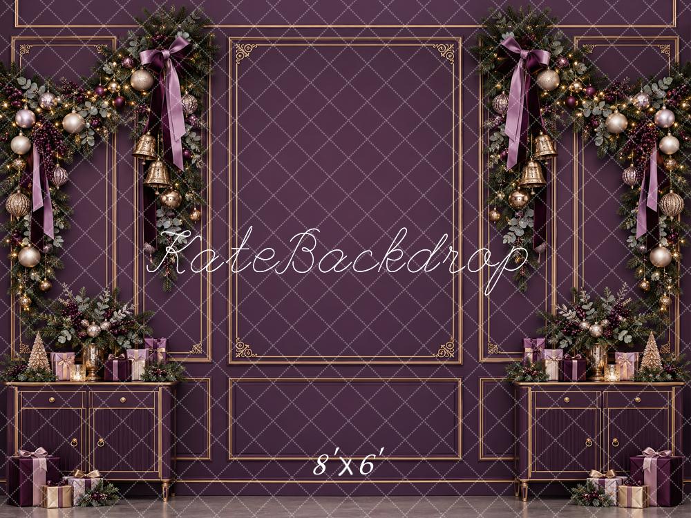 Kate Christmas Purple Garland Cabinet Gold Molding Bows Printed Backdrop Designed by Vertigo Productions