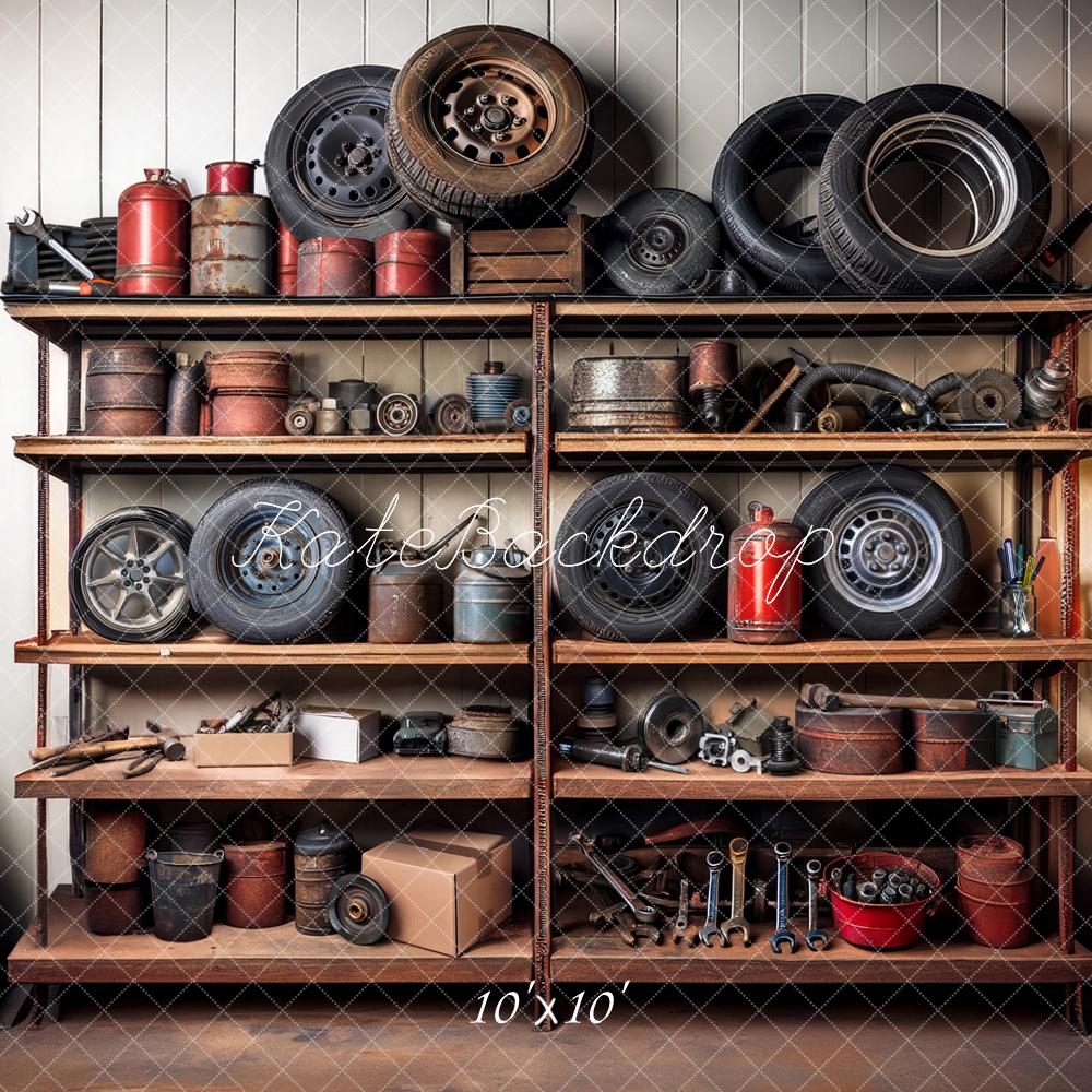 Kate Father's Day Mechanic Garage Shelves Tools Tires Backdrop Designed by Mandy Ringe Photography