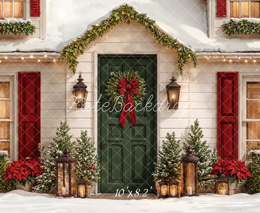 Kate Christmas Snowy House Green Door Wreath Lanterns Backdrop Designed by Emetselch
