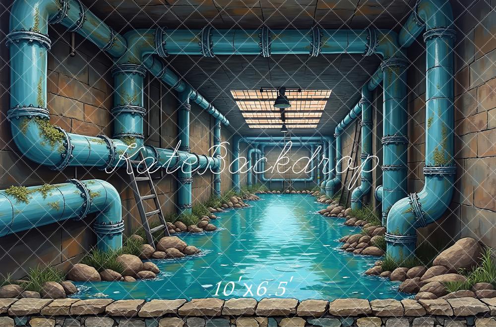 Kate Underground Water Tunnel Blue Pipes Printed Backdrop Designed by Laura Bybee