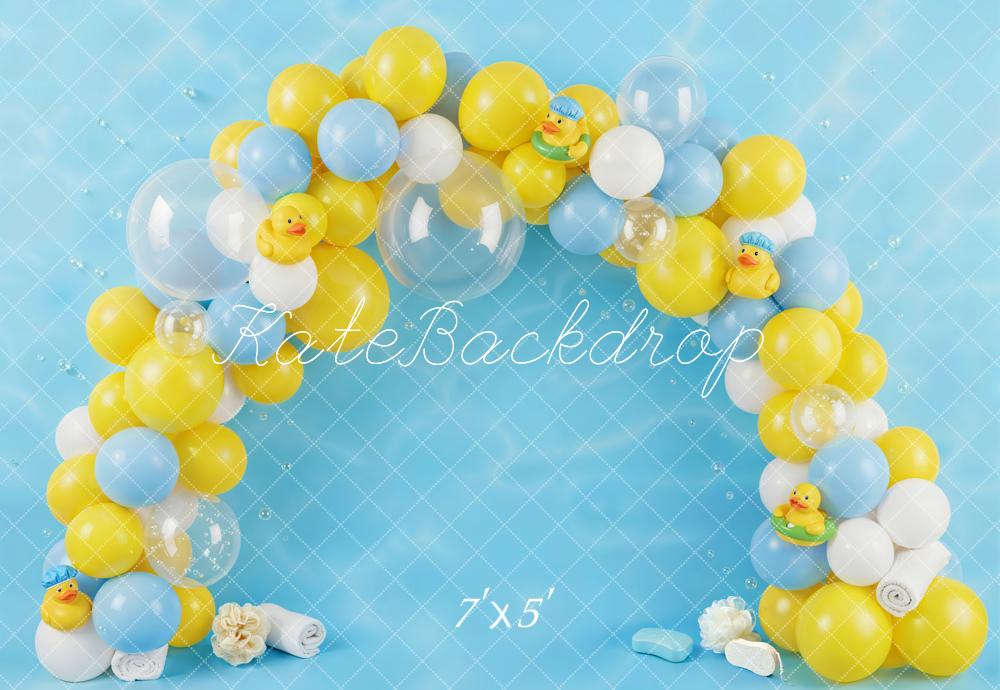 Kate Cake Smash Balloon Arch Rubber Duck Blue Yellow Printed Backdrop Designed by Emetselch