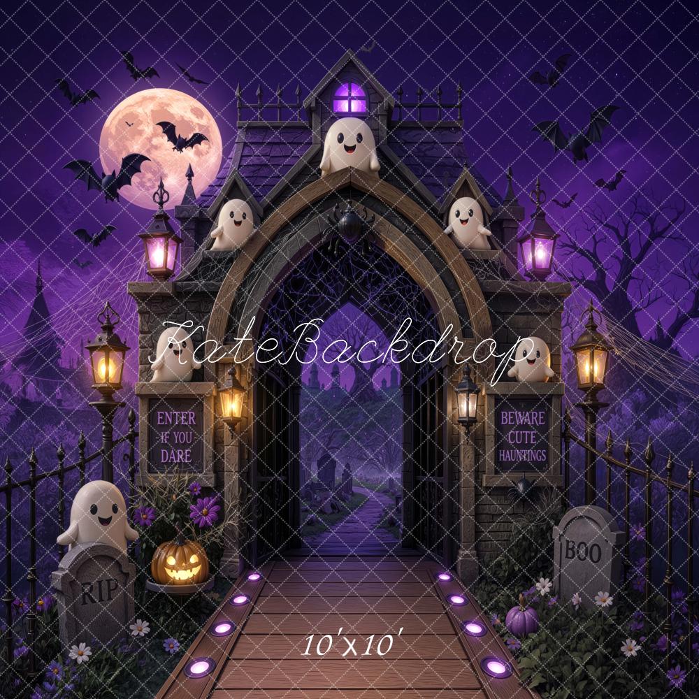 Kate Halloween Trunk or Treat Haunted Gate Ghosts Purple Printed Backdrop Designed by Mini MakeBelieve