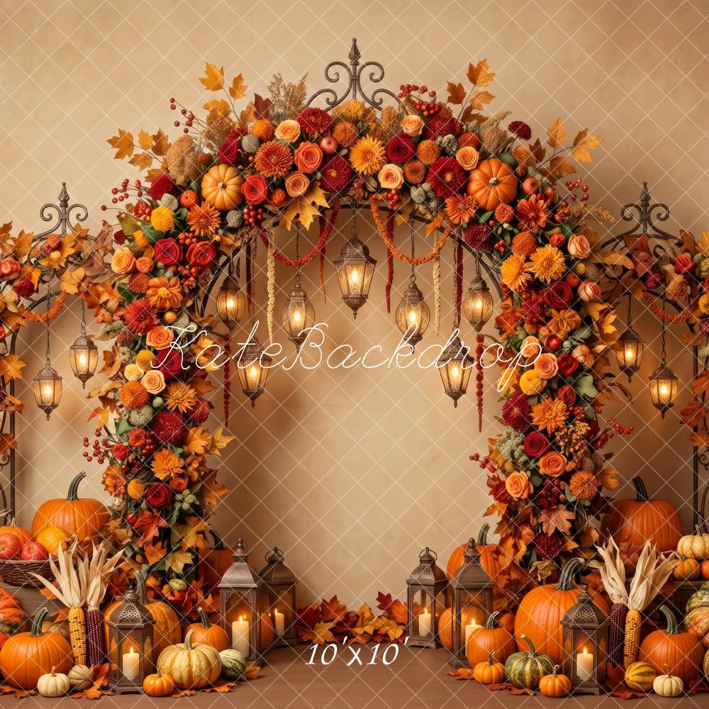 Kate Fall Flower Arch Pumpkins Hanging Lanterns Printed Backdrop Designed by Patty Roberts