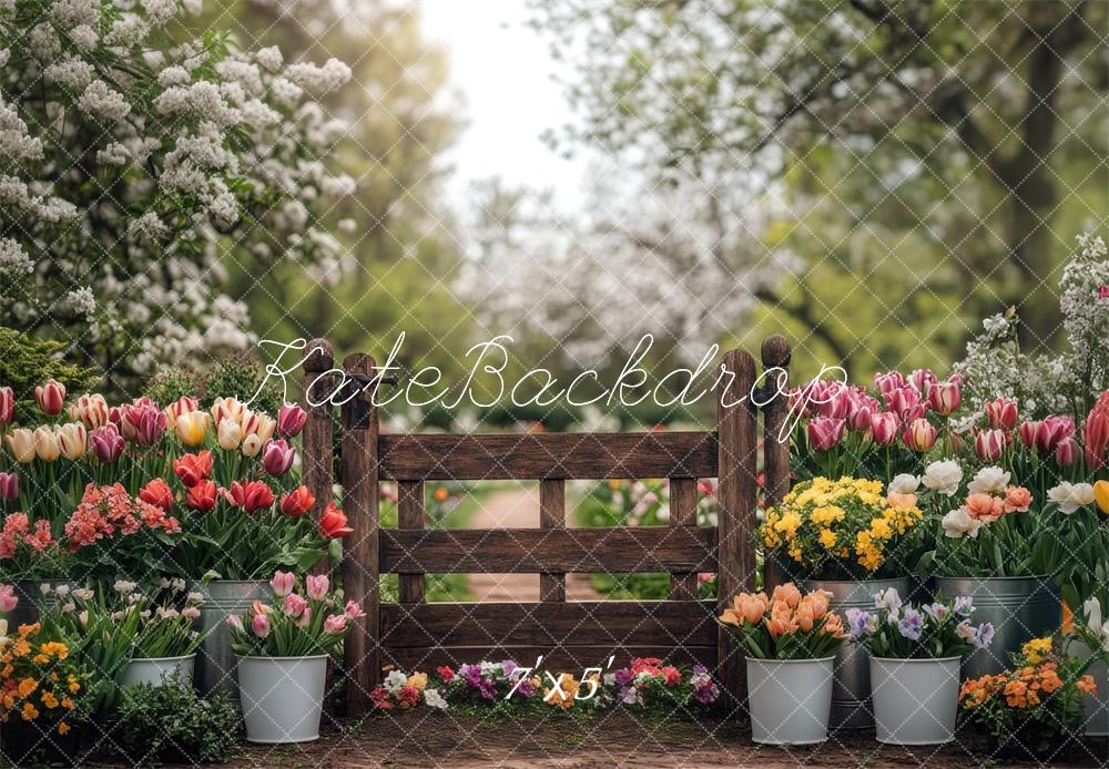 Kate Spring Floral Gate Tulips and Flowers Garden Backdrop Designed by Mini MakeBelieve