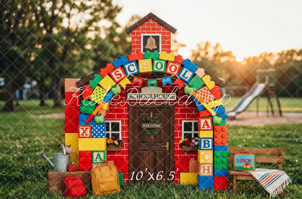 Kate Back To School Red Schoolhouse Building Blocks Playground Printed Backdrop Designed by Patty Roberts