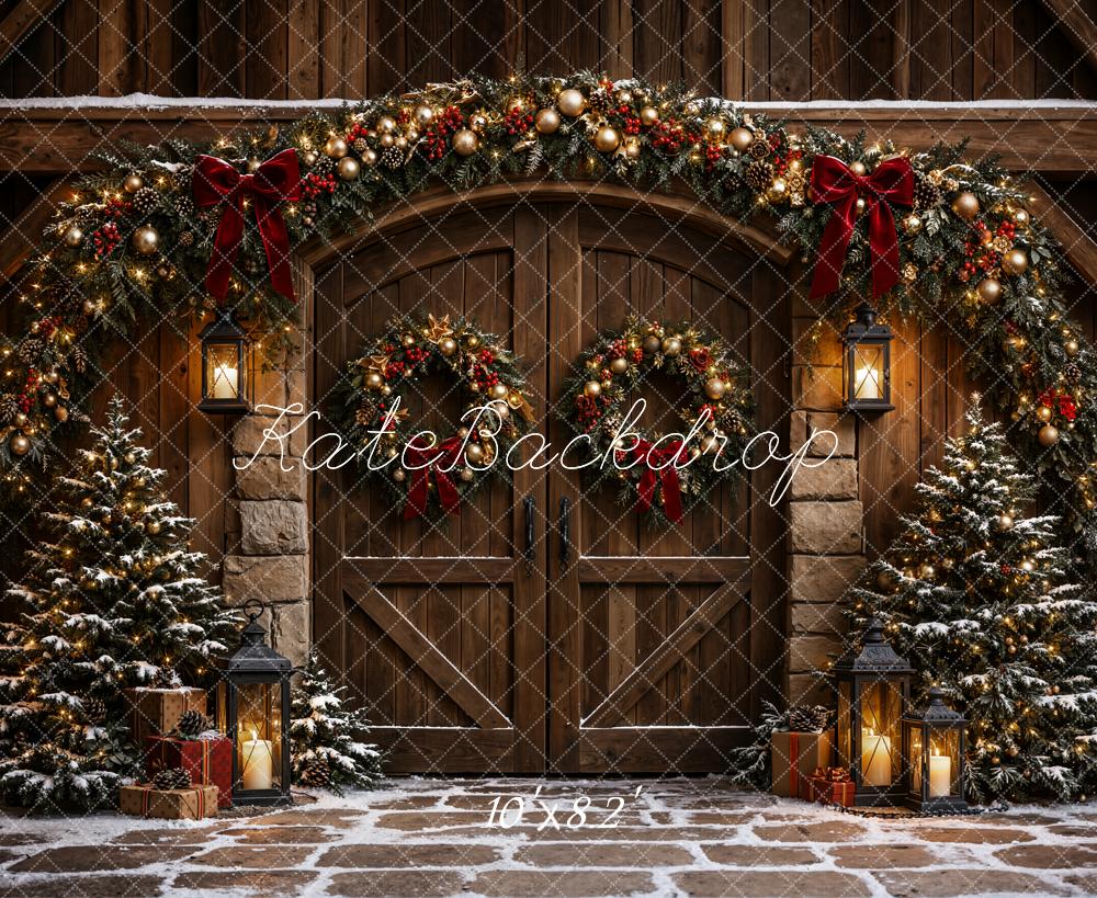 Kate Christmas Rustic Cabin Door Garland Printed Backdrop Designed by Emetselch