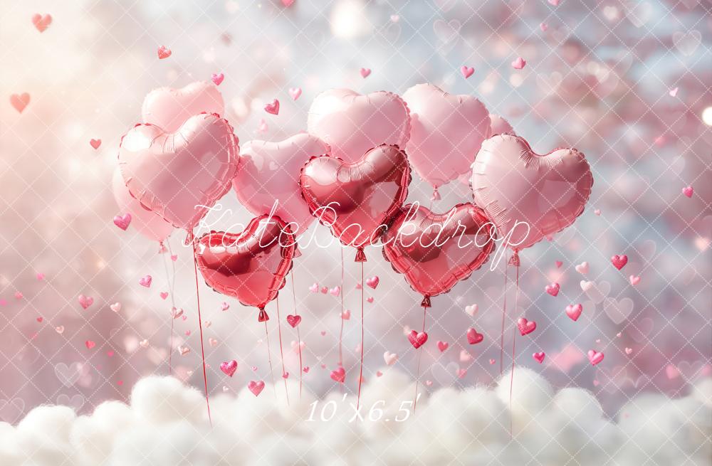 Kate Valentines Pink Heart Balloons Clouds Printed Backdrop Designed by Emetselch
