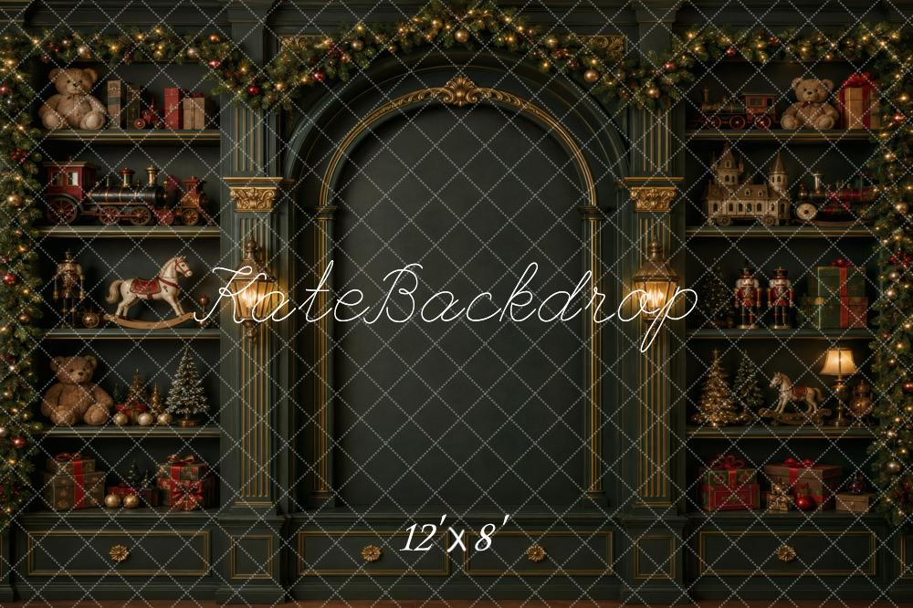 Kate Christmas Green Arch Garland Toy Shelves Printed Backdrop Designed by Vertigo Productions