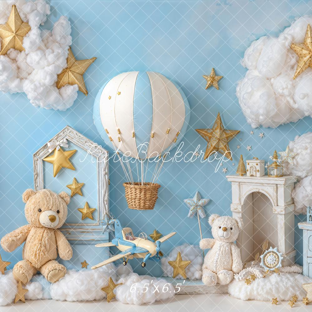 Kate Cake Smash Blue Hot Air Balloon Airplane Teddy Bear Cloud Backdrop Designed by Emetselch
