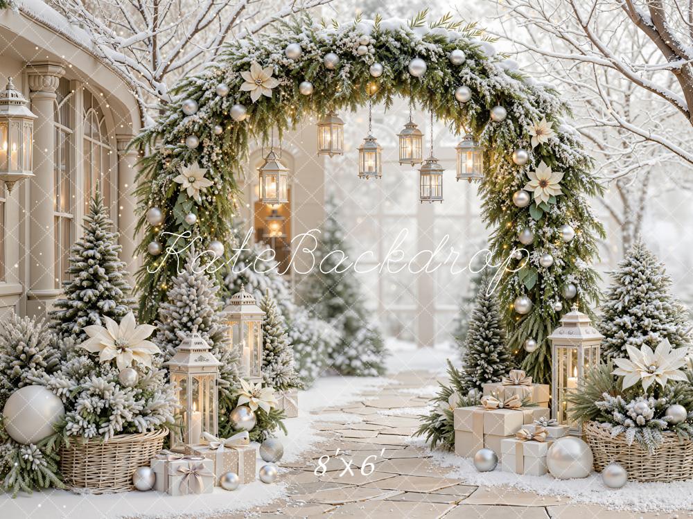 Kate Christmas Floral Pine Arch Lanterns Snowy Outdoor Printed Backdrop Designed by Emetselch