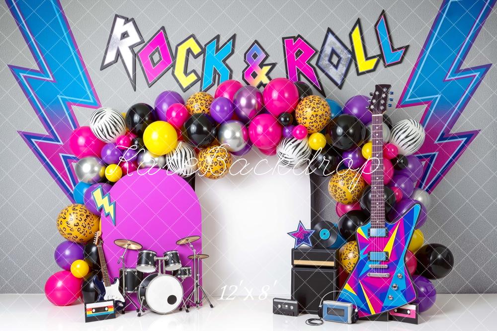 Kate Birthday Rock & Roll Balloon Arch Guitar Drum Set Printed Backdrop Designed by Mini MakeBelieve