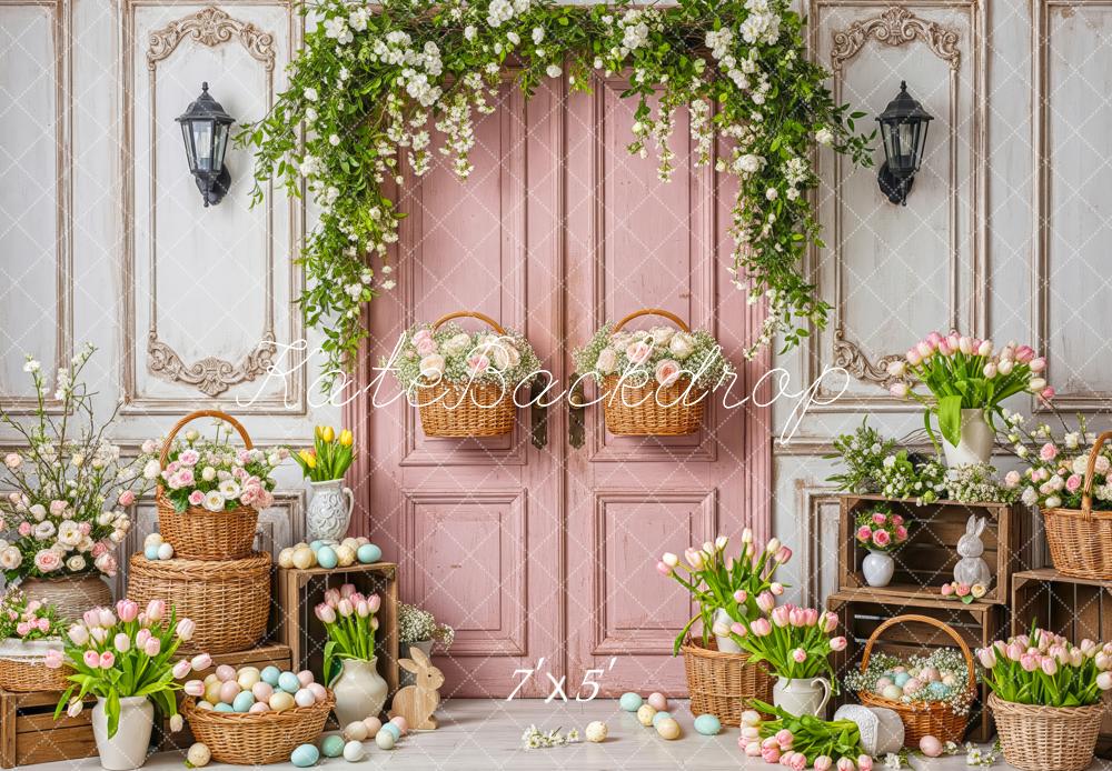 Kate Easter Basket Pastel Eggs Pink Door Flowers Printed Backdrop Designed by Patty Roberts