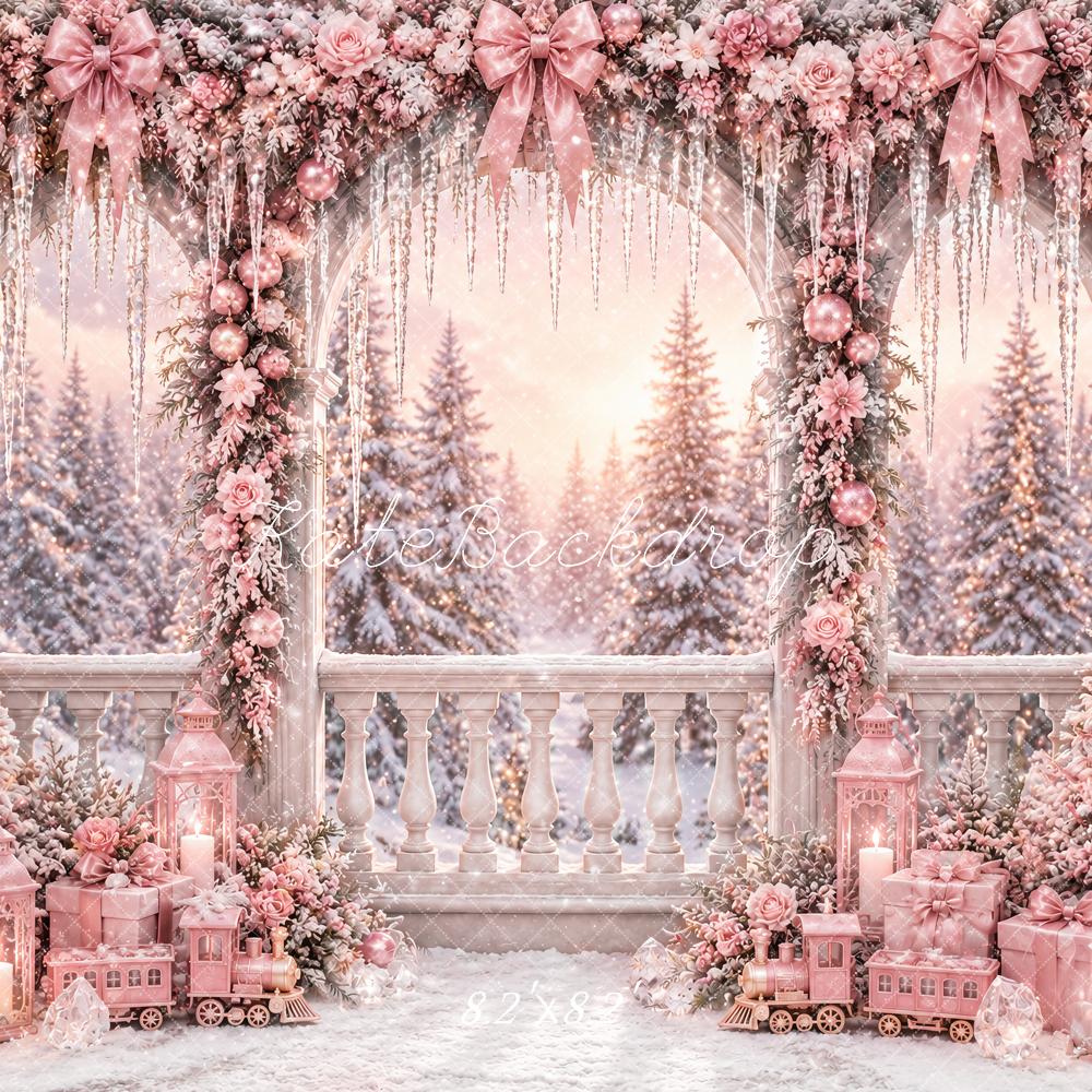 Kate Christmas Pink Flower Arch Terrace Snow Printed Backdrop Designed by Ashley Paul