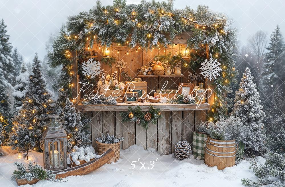 Kate Christmas Garland Hot Cocoa Wood Stand Snowy Pine Backdrop Designed by Emetselch