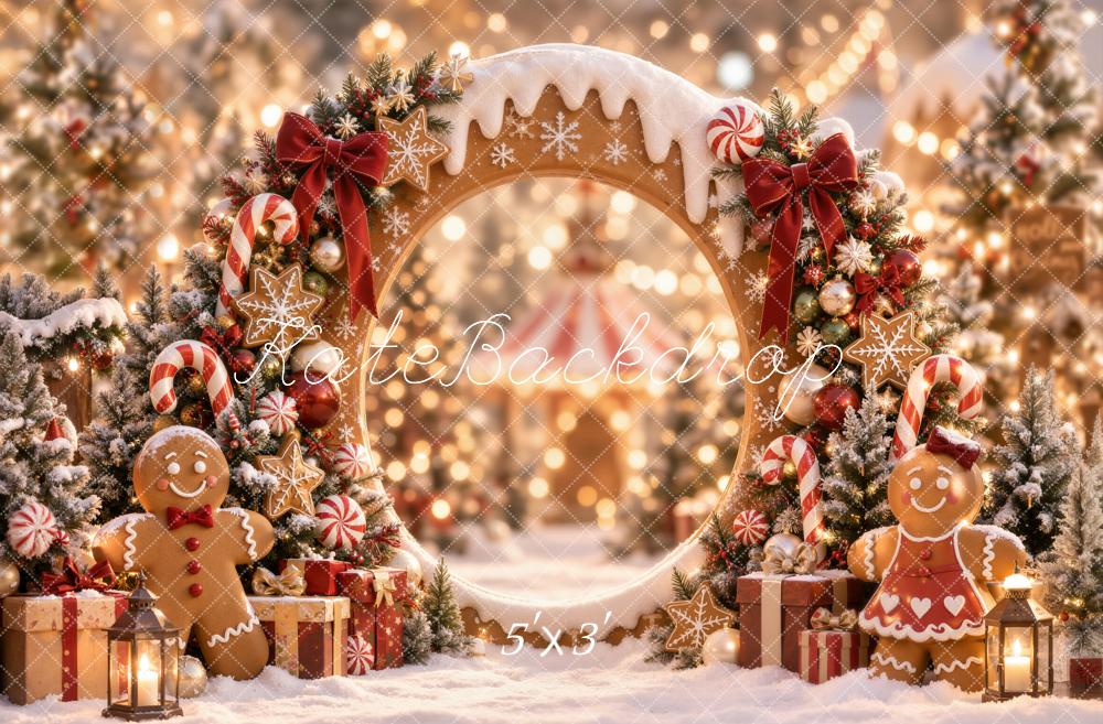 Kate Christmas Gingerbread Circle Arch Candy Cane Snowy Printed Backdrop Designed by Emetselch