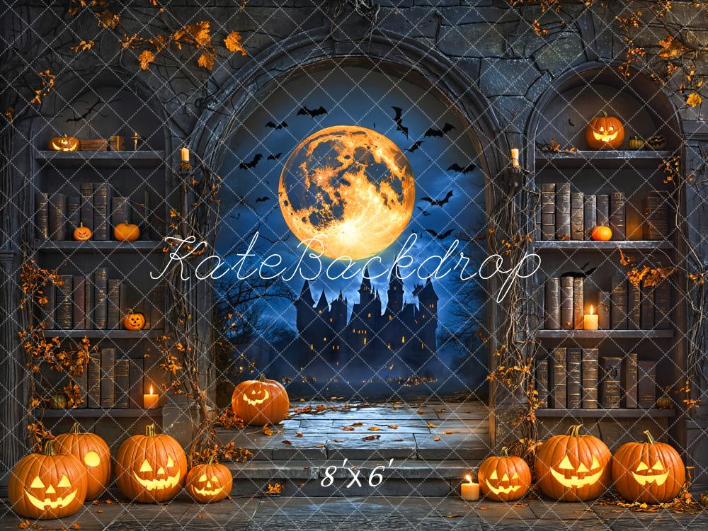 Kate Halloween Pumpkin Moon Vintage Bookshelf Backdrop Designed by Emetselch