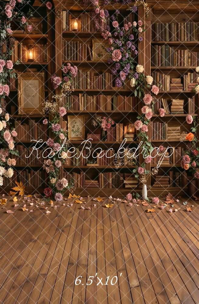 Kate School Library Bookshelf Floral Arch Wood Floor Printed Backdrop Designed by Emetselch
